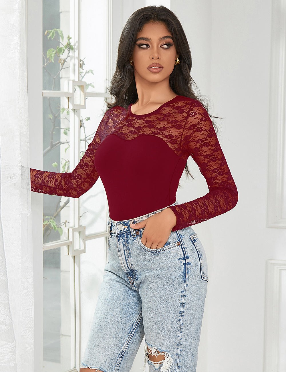 Burgundy Long Sleeve Bodysuit – Lace Mesh on Chest, Sleeves & Back - TeaseFashion