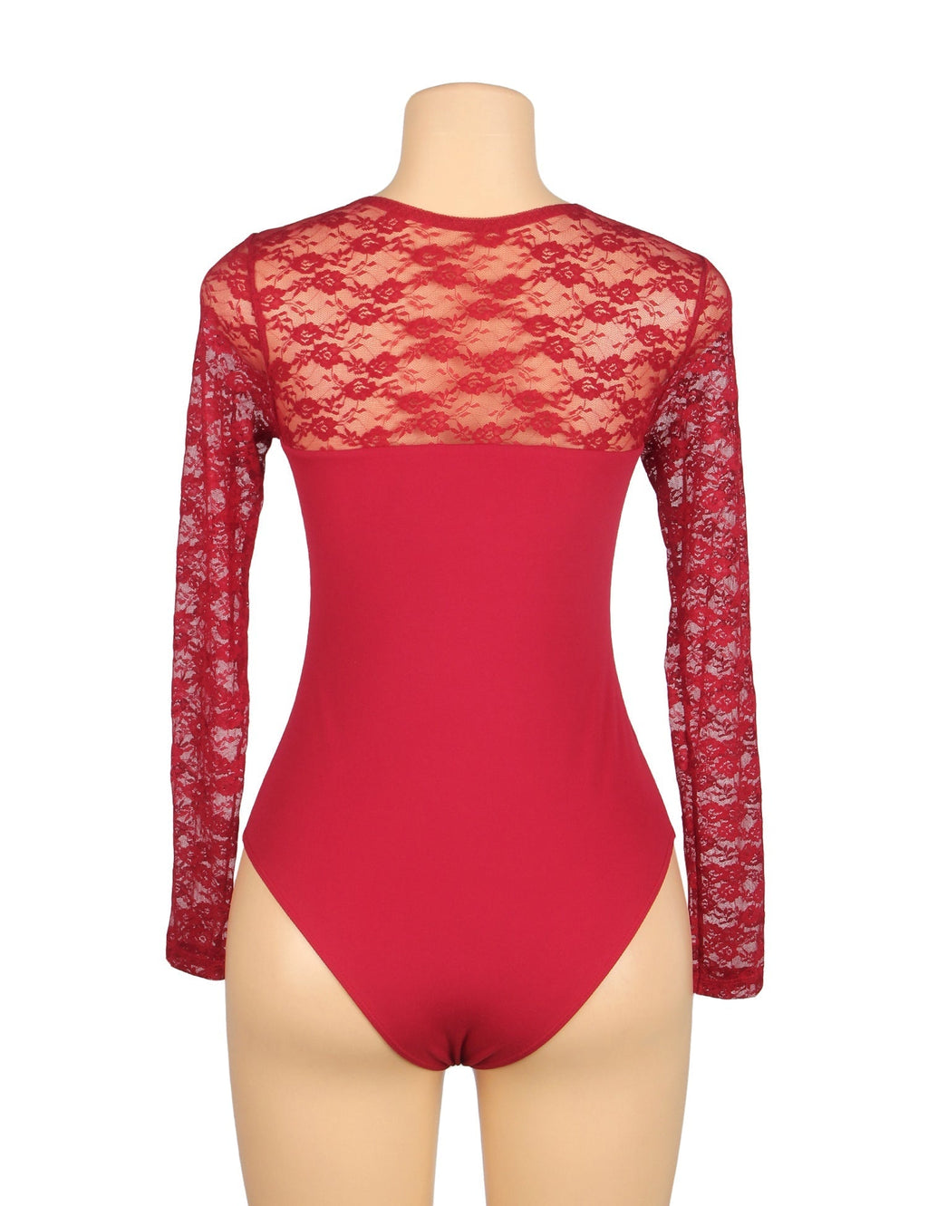 Burgundy Long Sleeve Bodysuit – Lace Mesh on Chest, Sleeves & Back - TeaseFashion