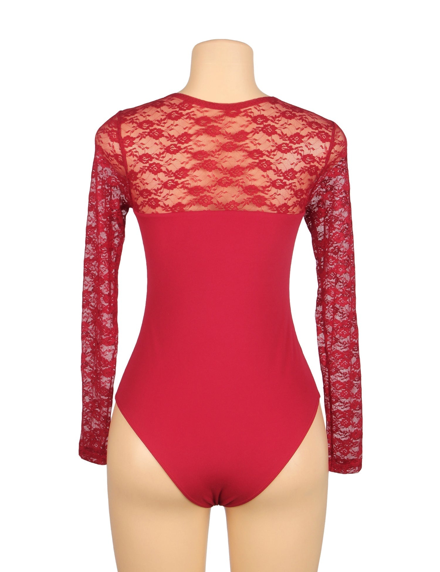 Burgundy Long Sleeve Bodysuit – Lace Mesh on Chest, Sleeves & Back - TeaseFashion