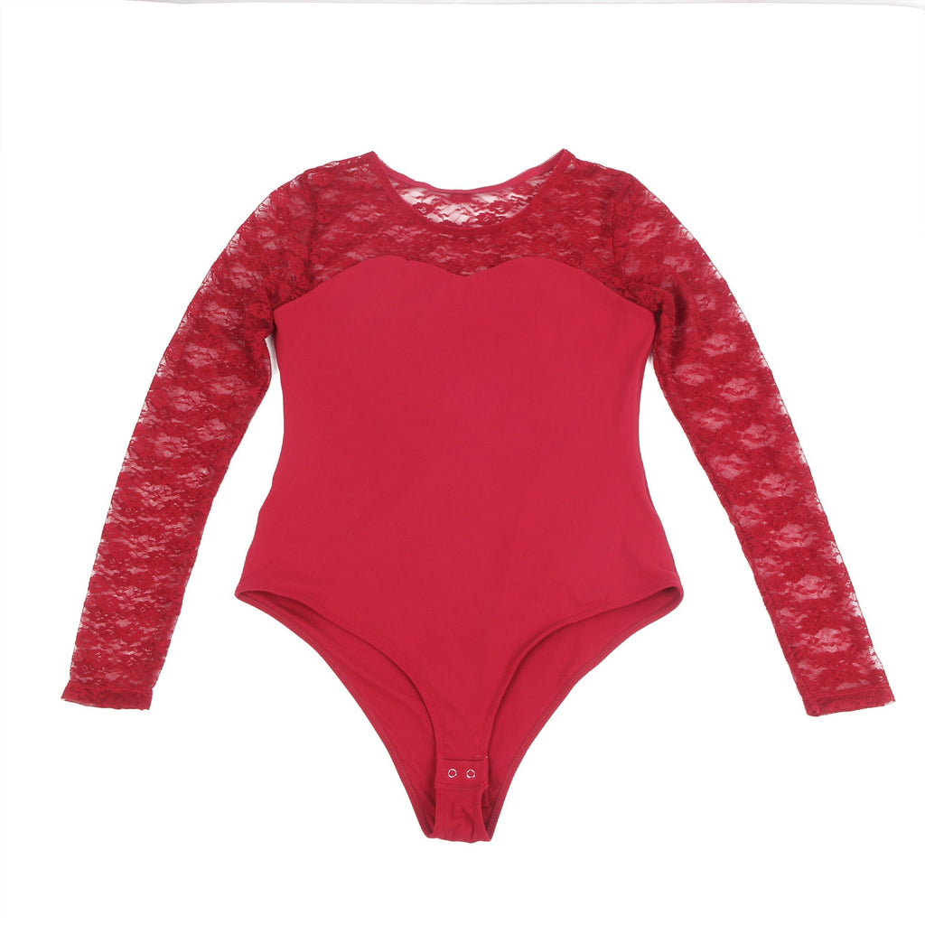 Burgundy Long Sleeve Bodysuit – Lace Mesh on Chest, Sleeves & Back - TeaseFashion