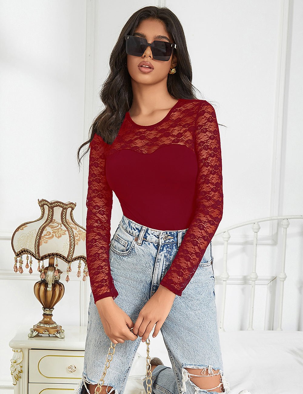 Burgundy Long Sleeve Bodysuit – Lace Mesh on Chest, Sleeves & Back - TeaseFashion