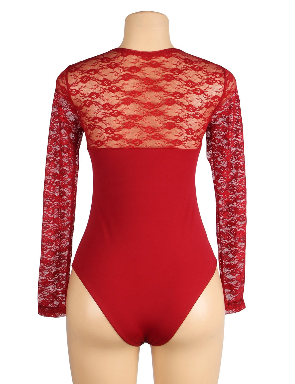 Burgundy Long Sleeve Bodysuit – Lace Mesh on Chest & Sleeves, Round Neck - TeaseFashion