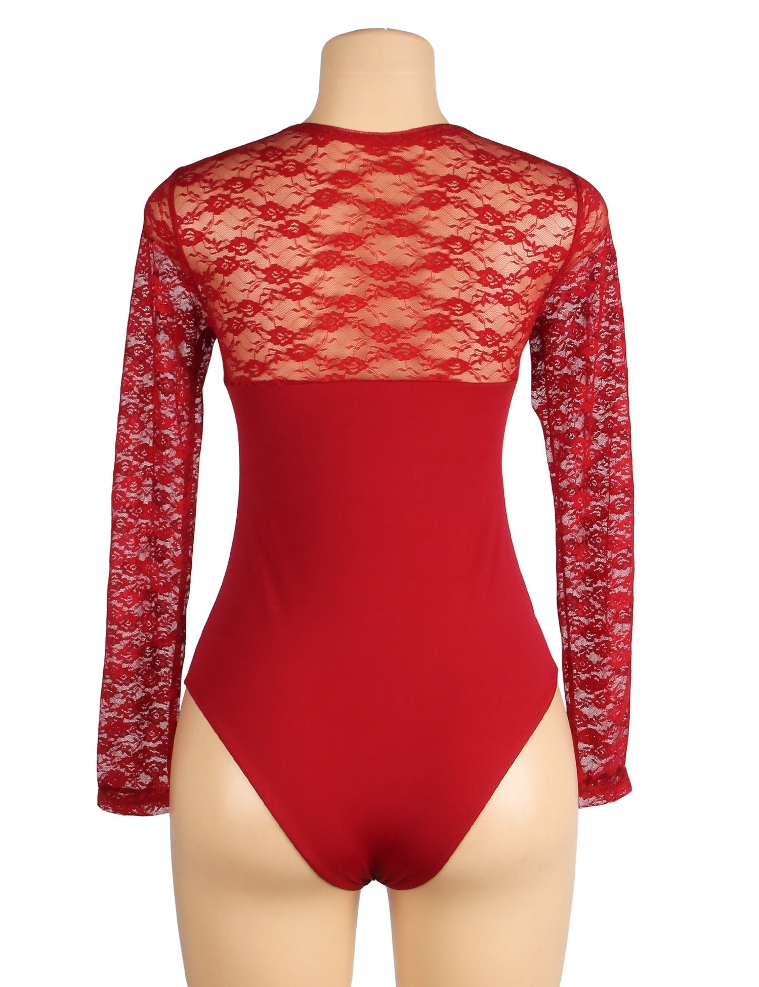Burgundy Long Sleeve Bodysuit – Lace Mesh on Chest & Sleeves, Round Neck - TeaseFashion