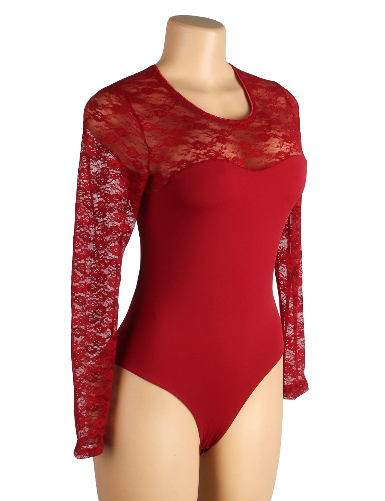 Burgundy Long Sleeve Bodysuit – Lace Mesh on Chest & Sleeves, Round Neck - TeaseFashion