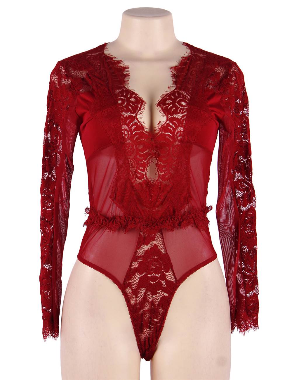 Burgundy Long Sleeve Lace Teddy – Eyelash Waist Detail & Swimwear Bust - TeaseFashion