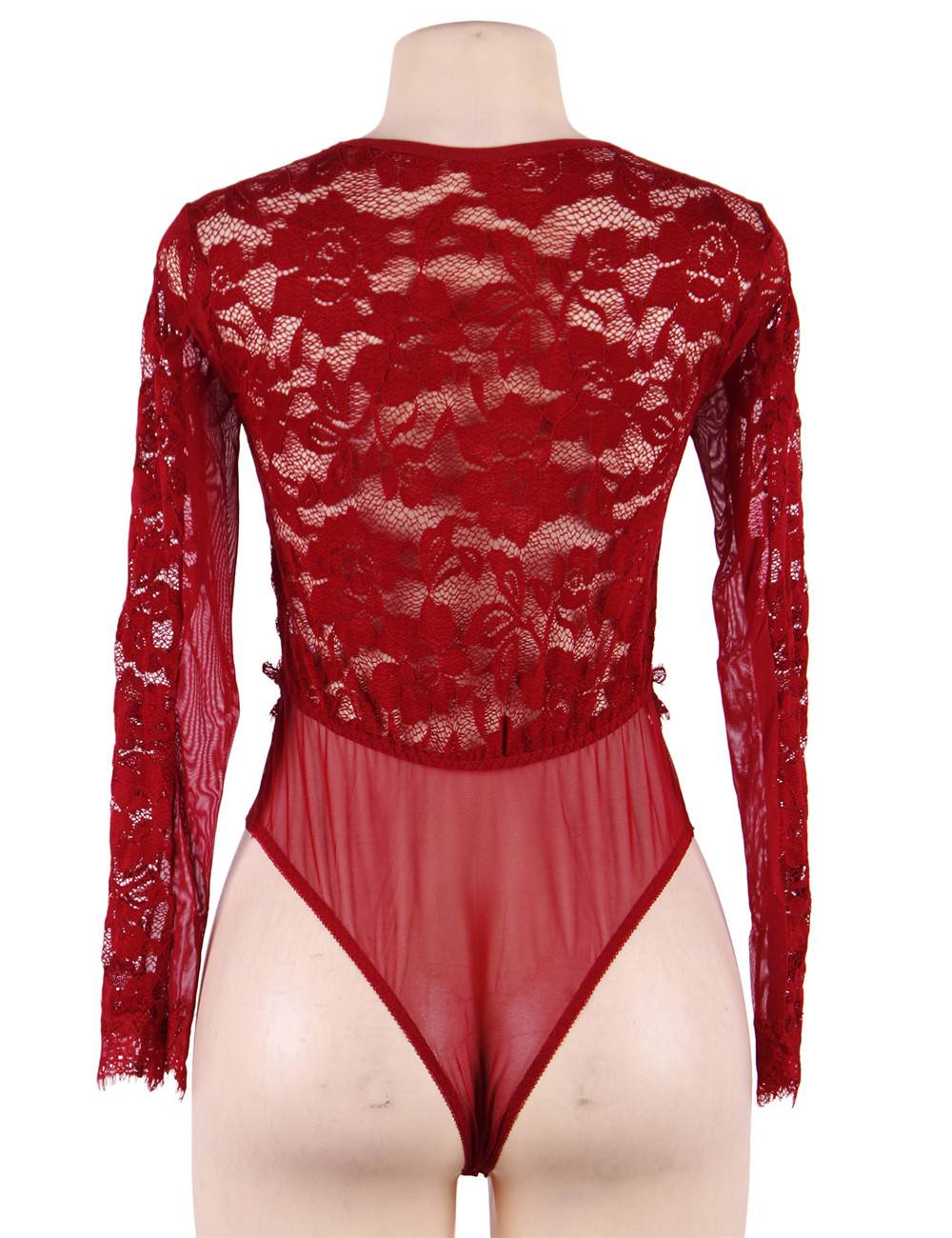 Burgundy Long Sleeve Lace Teddy – Eyelash Waist Detail & Swimwear Bust - TeaseFashion