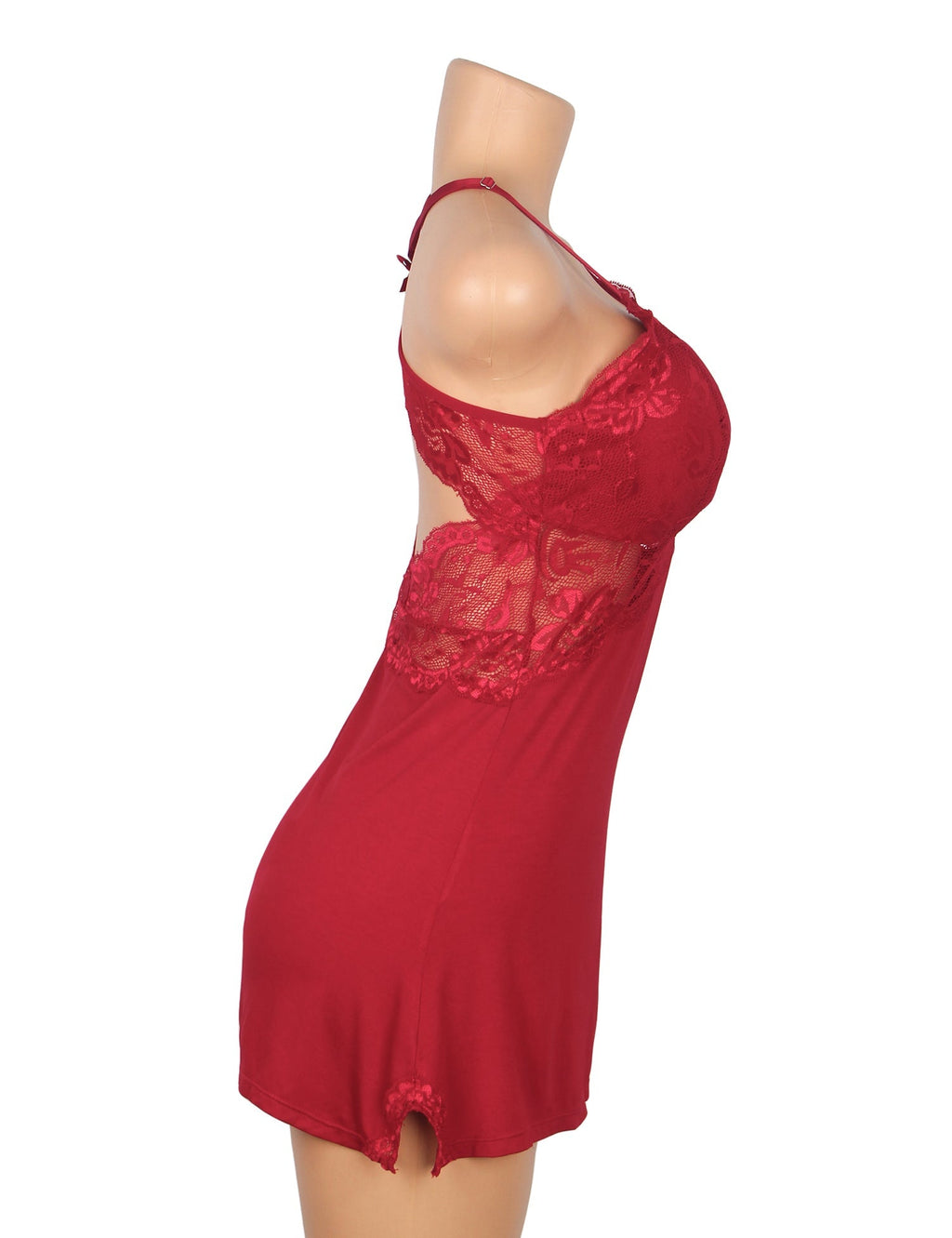 Burgundy Modal Lace Backless Nightdress – Hollow Lace Panels, A - Line Hem & Removable Pads - TeaseFashion