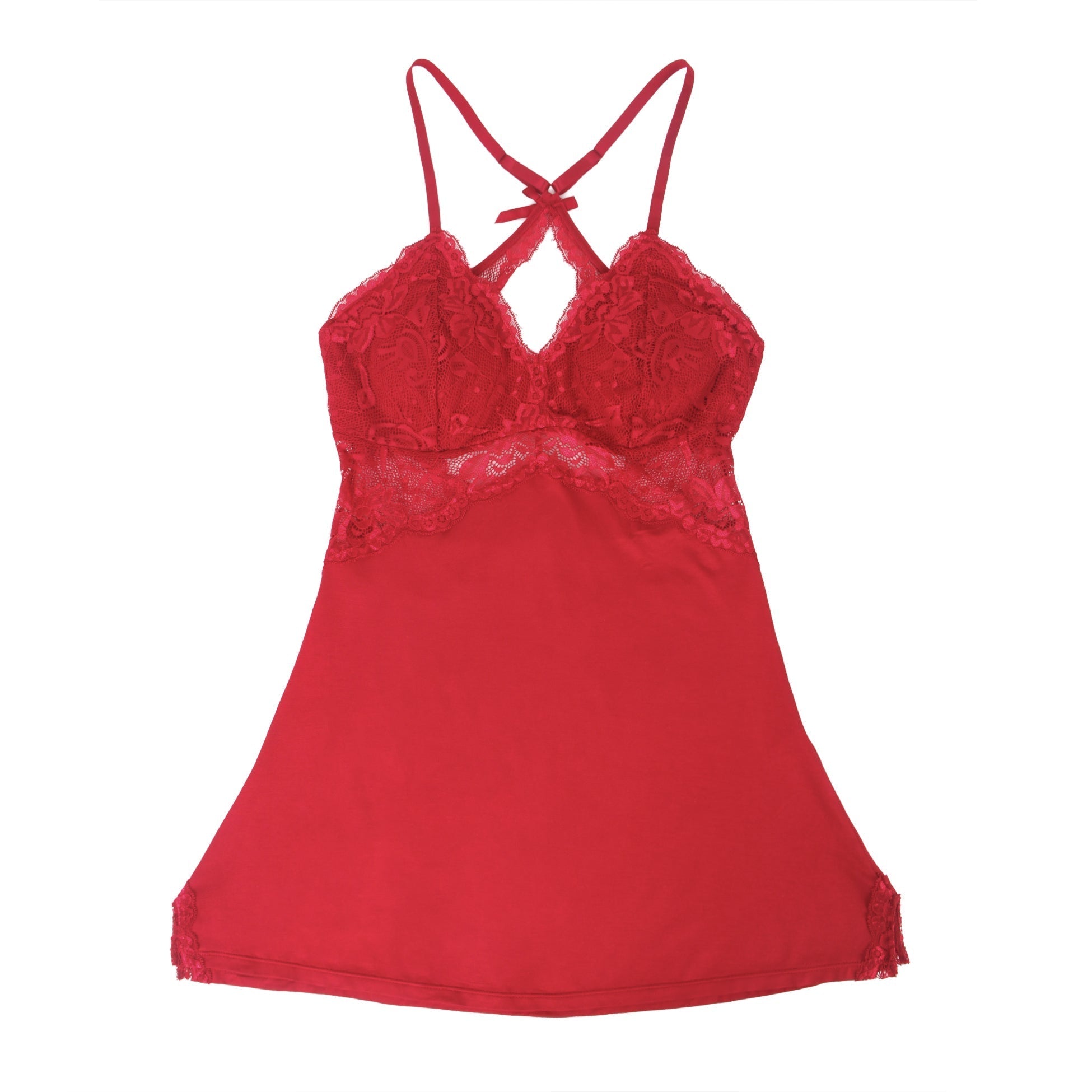 Burgundy Modal Lace Backless Nightdress – Hollow Lace Panels, A - Line Hem & Removable Pads - TeaseFashion