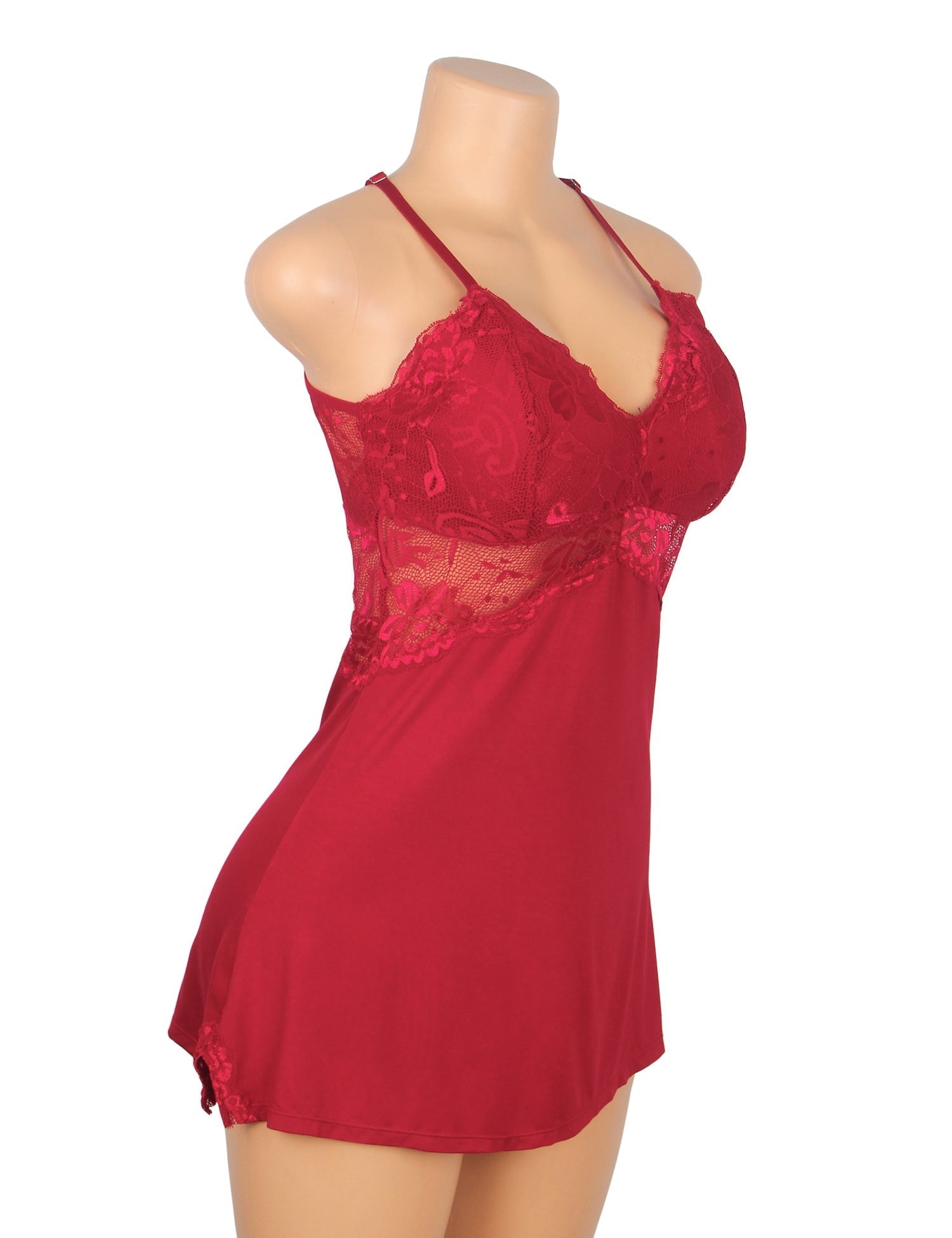 Burgundy Modal Lace Backless Nightdress – Hollow Lace Panels, A - Line Hem & Removable Pads - TeaseFashion