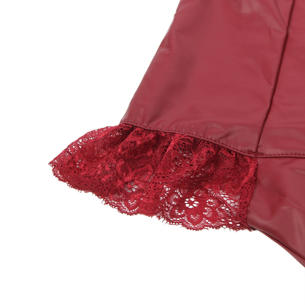 Burgundy PU Leather Bodysuit – Full - Zip, Lace Bow Chest & Ruffle Hem - TeaseFashion