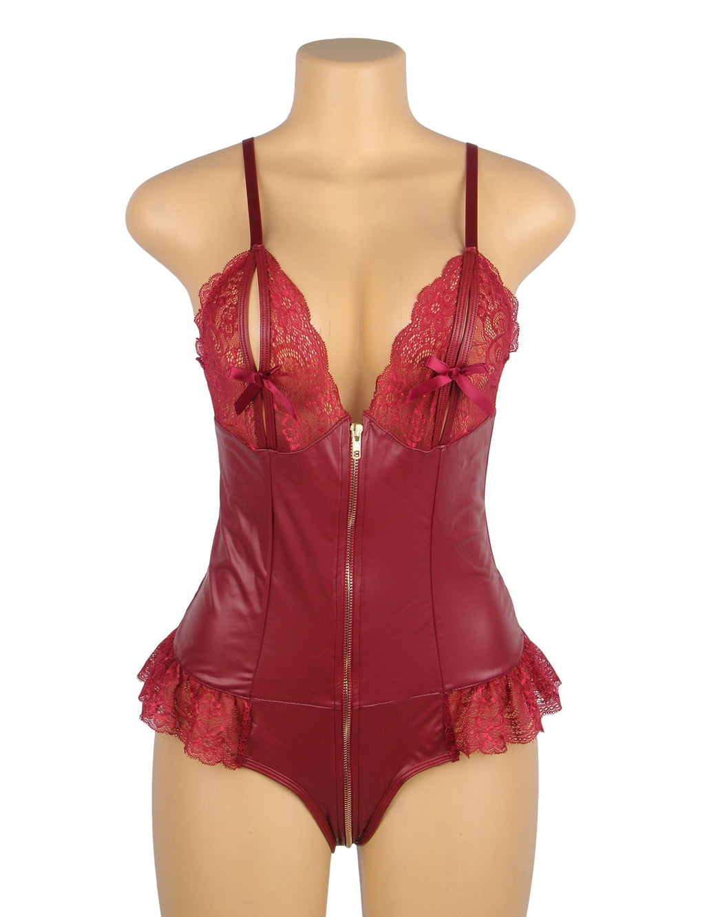 Burgundy PU Leather Bodysuit – Full - Zip, Lace Bow Chest & Ruffle Hem - TeaseFashion
