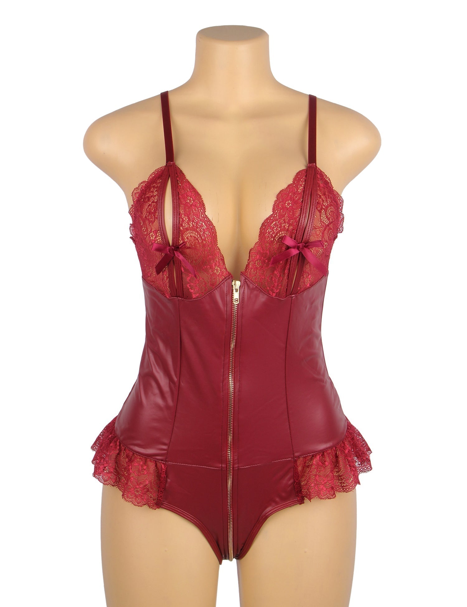 Burgundy PU Leather Bodysuit – Full - Zip, Lace Bow Chest & Ruffle Hem - TeaseFashion
