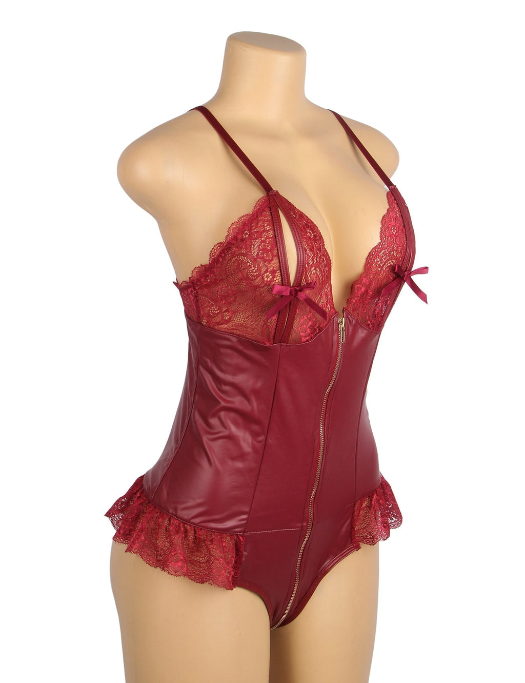 Burgundy PU Leather Bodysuit – Full - Zip, Lace Bow Chest & Ruffle Hem - TeaseFashion