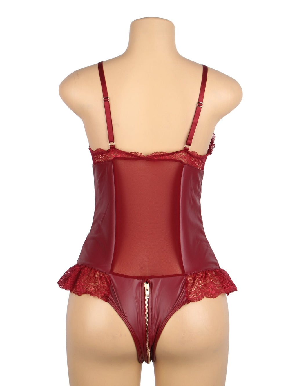 Burgundy PU Leather Bodysuit – Full - Zip, Lace Bow Chest & Ruffle Hem - TeaseFashion