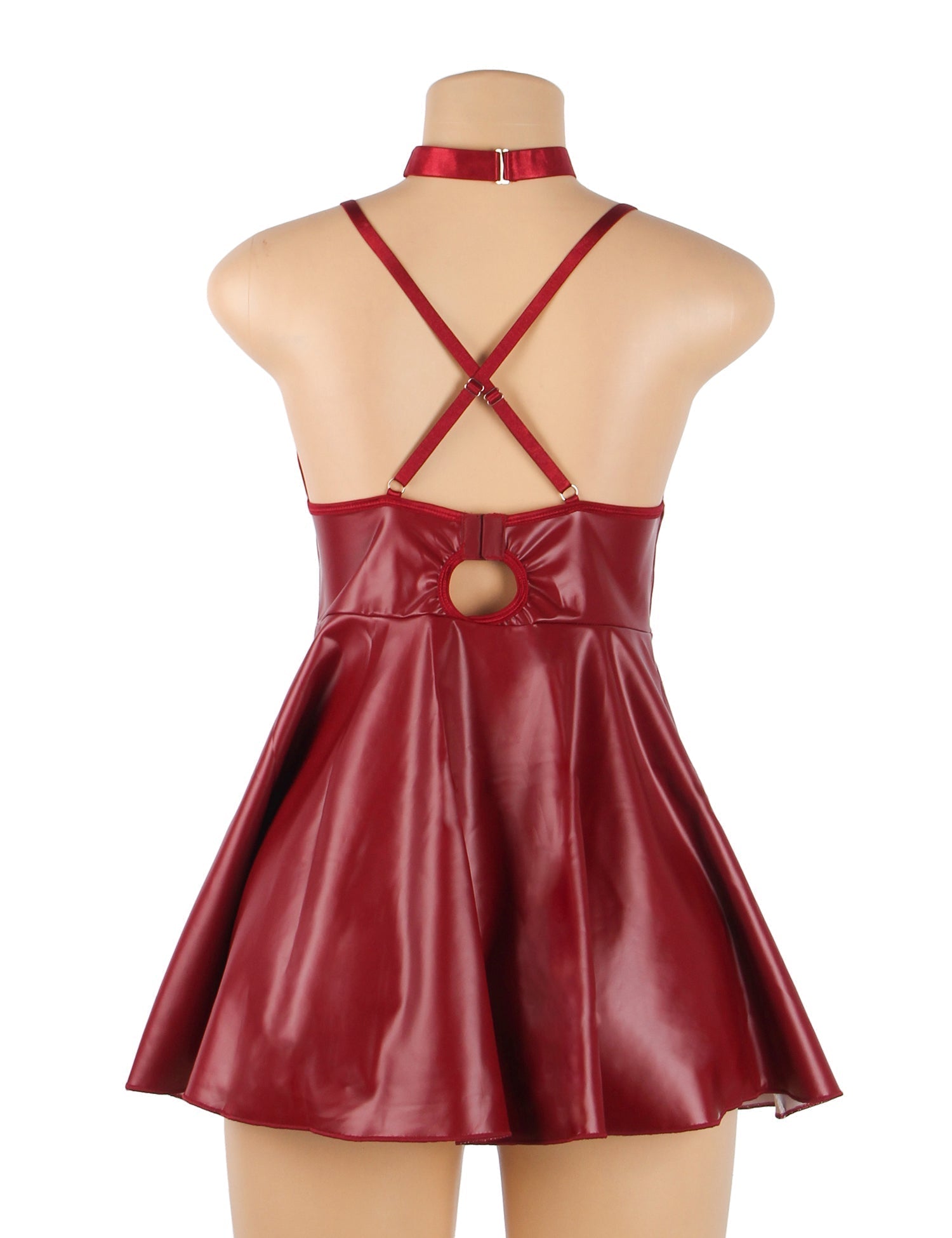 Burgundy PU Leather Deep V - Neck Slip Dress – Open Back, Adjustable Neck Strap & Button Bust - TeaseFashion