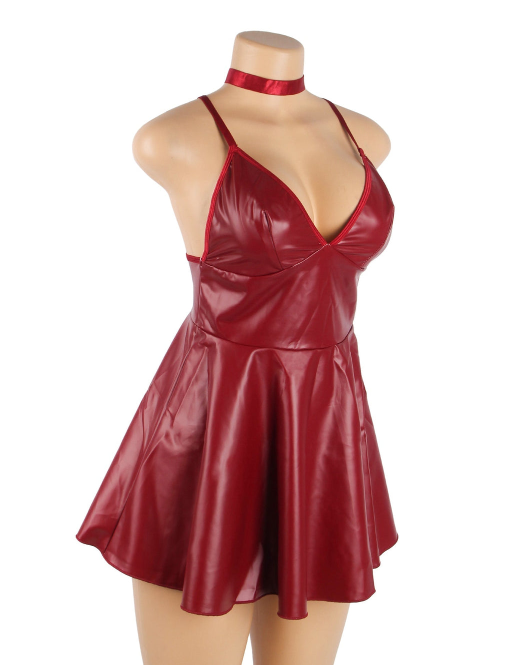 Burgundy PU Leather Deep V - Neck Slip Dress – Open Back, Adjustable Neck Strap & Button Bust - TeaseFashion