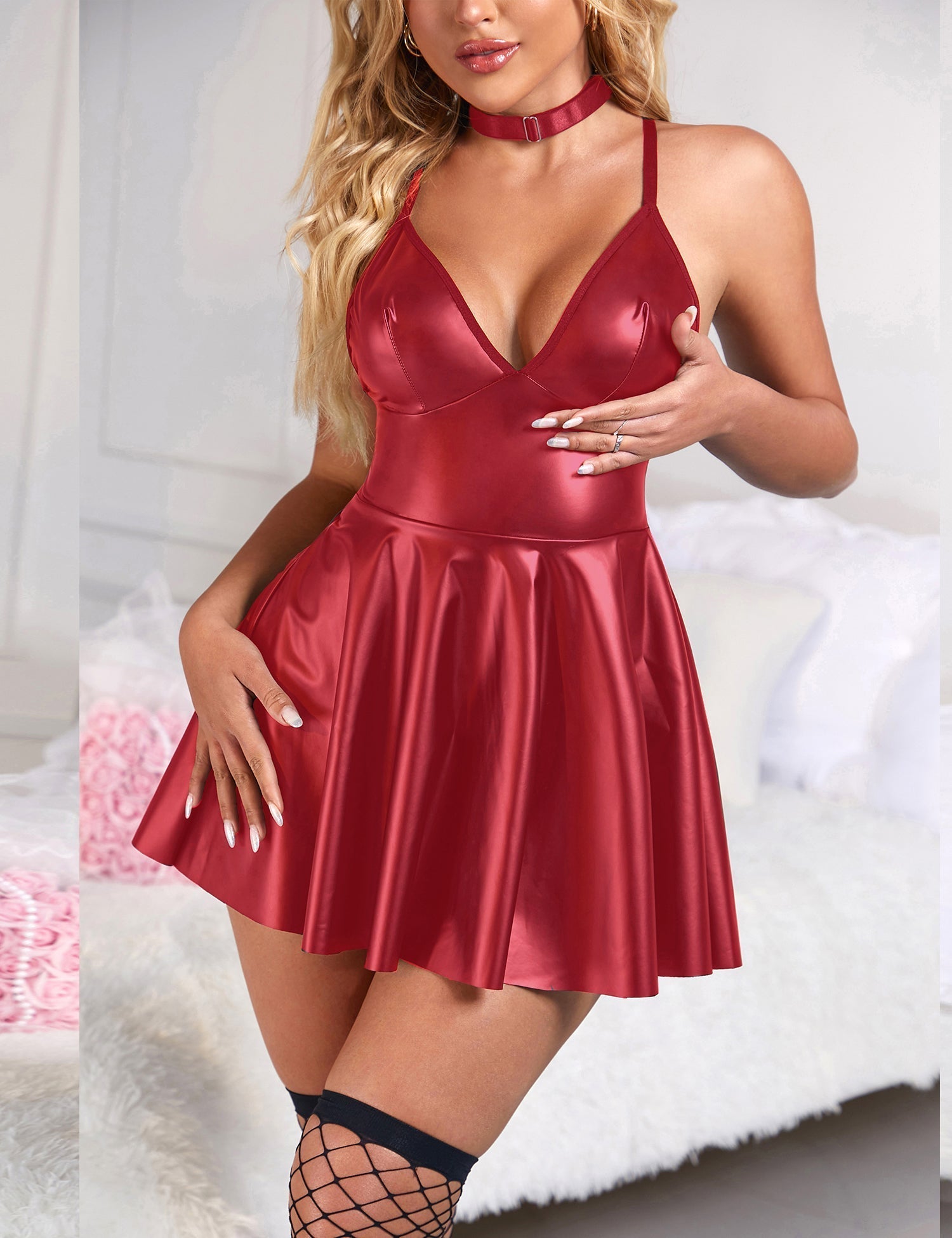 Burgundy PU Leather Deep V - Neck Slip Dress – Open Back, Adjustable Neck Strap & Button Bust - TeaseFashion