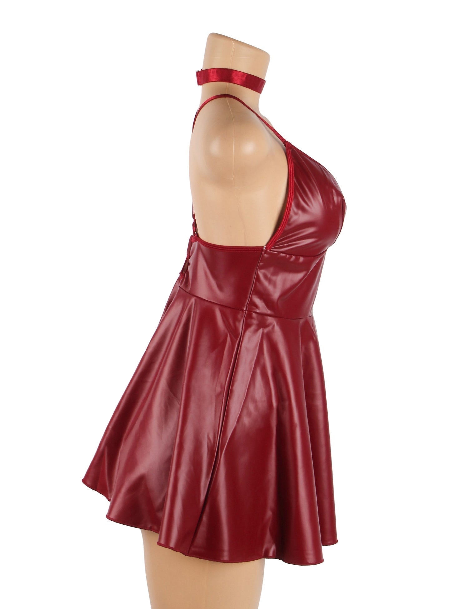 Burgundy PU Leather Deep V - Neck Slip Dress – Open Back, Adjustable Neck Strap & Button Bust - TeaseFashion