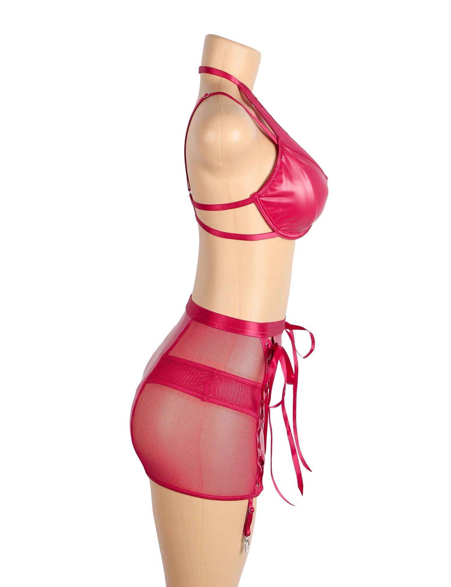 Burgundy PU Leather Mesh Garter Belt Sexy Halter Neck Lingerie Set - TeaseFashion