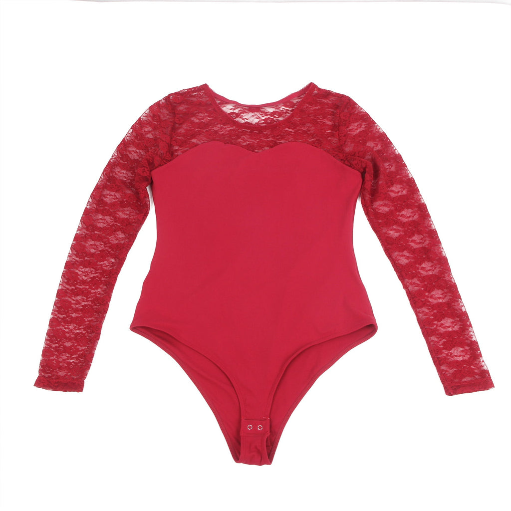 Burgundy Sexy Swim Cloth Lace Long Sleeves Open Crotch Bodysuit - TeaseFashion