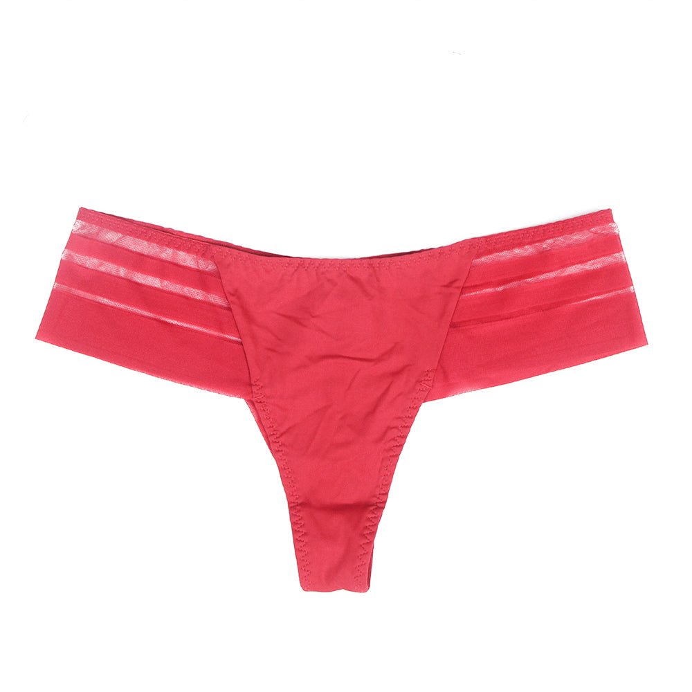 Burgundy Striped Mesh & Swimwear Fabric Panty – Cotton Padded - TeaseFashion