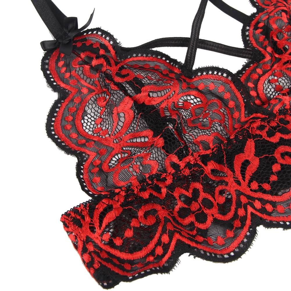 Burgundy Two - Tone Lace Bra Set – Cross - Strap & Adjustable Fit - TeaseFashion