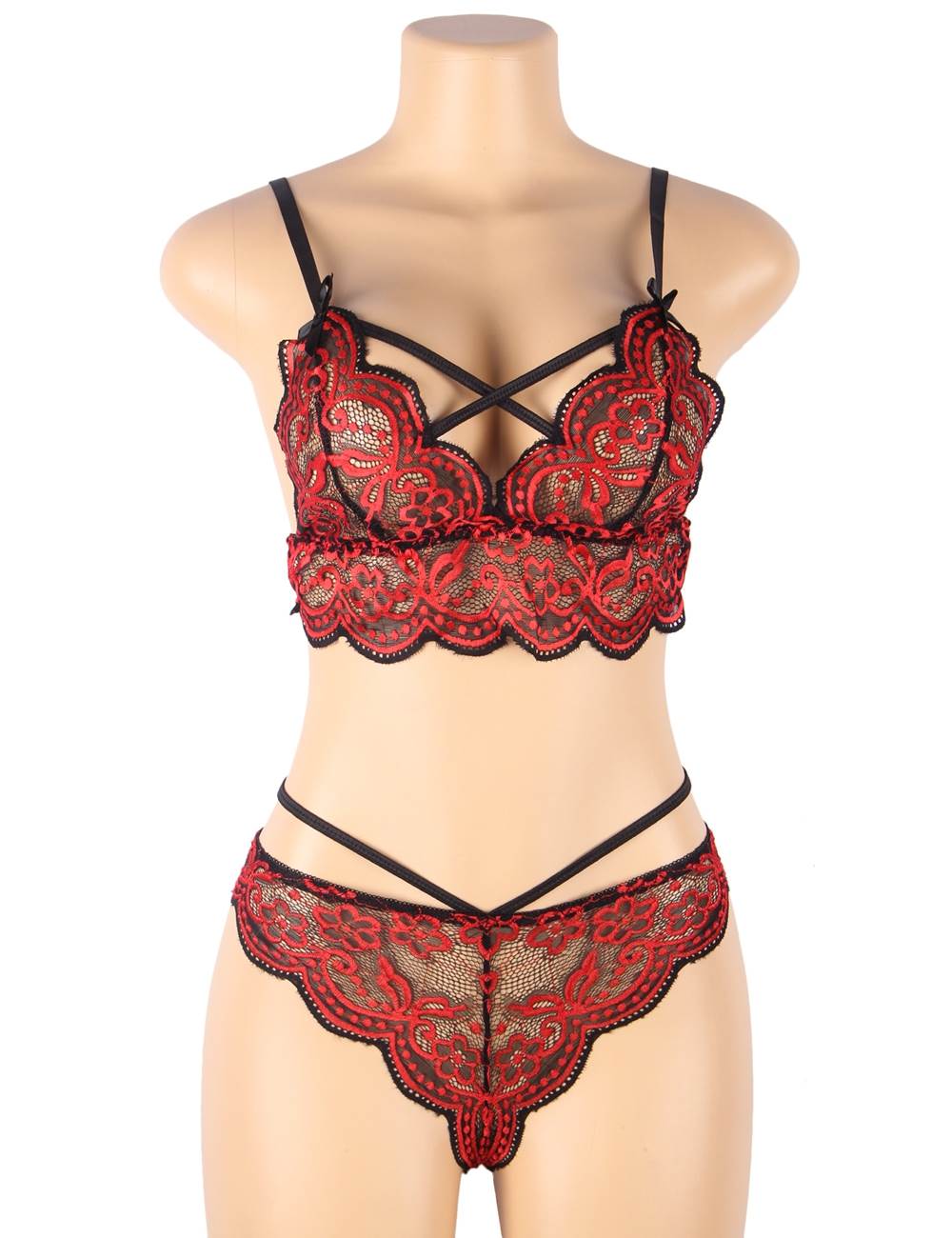 Burgundy Two - Tone Lace Bra Set – Cross - Strap & Adjustable Fit - TeaseFashion