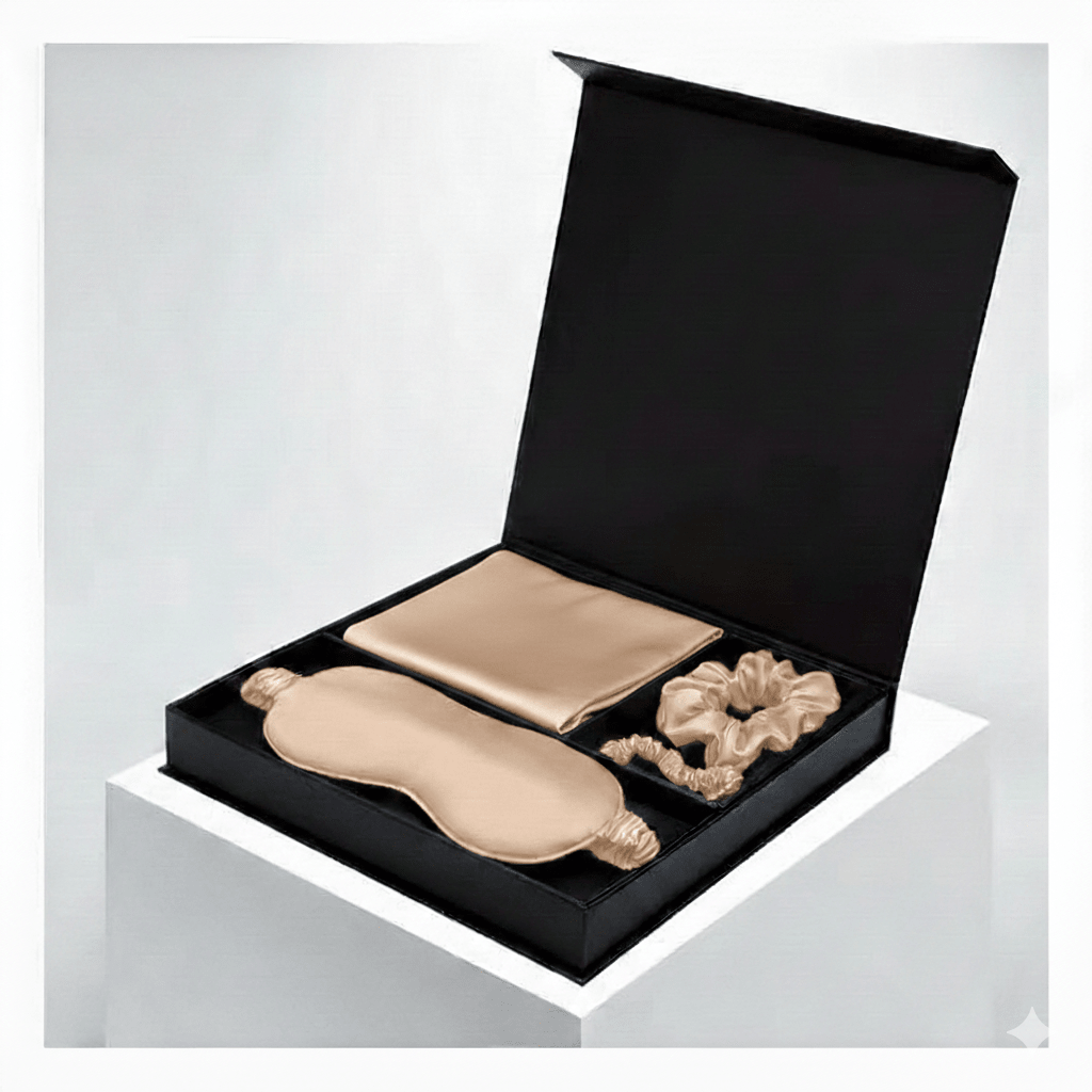 Champagne Luxury 100% Mulberry Silk Pillow case Sleep, Eye Mask Blind and Scrunchies Gift Set - TeaseFashion