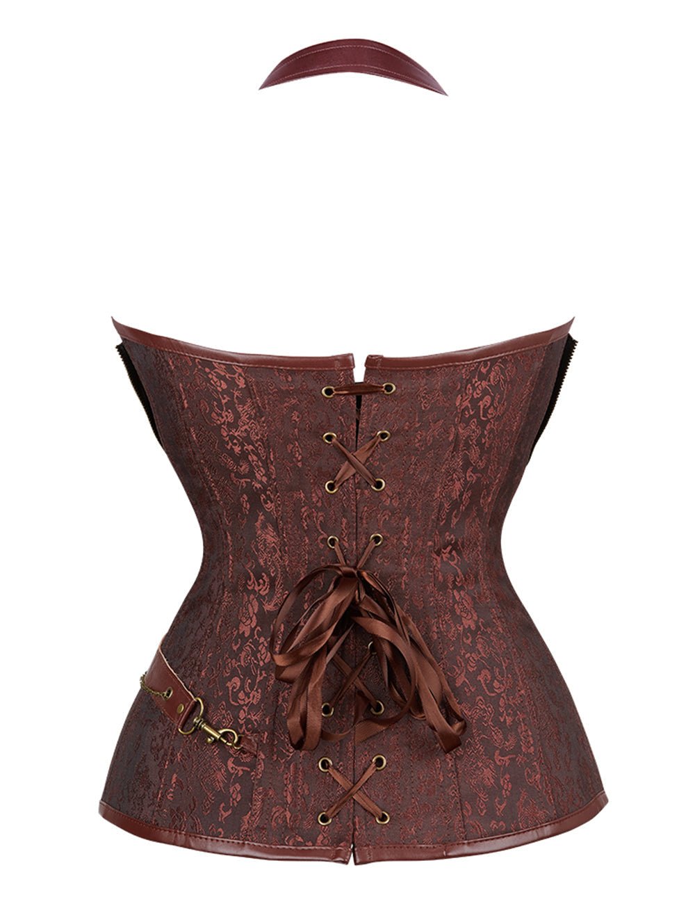 Coffee Faux Leather Halter Bodysuit – Chains, Rivets & 14 Soft Bones - TeaseFashion