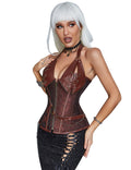Coffee Faux Leather Halter Bodysuit – Chains, Rivets & 14 Soft Bones - TeaseFashion