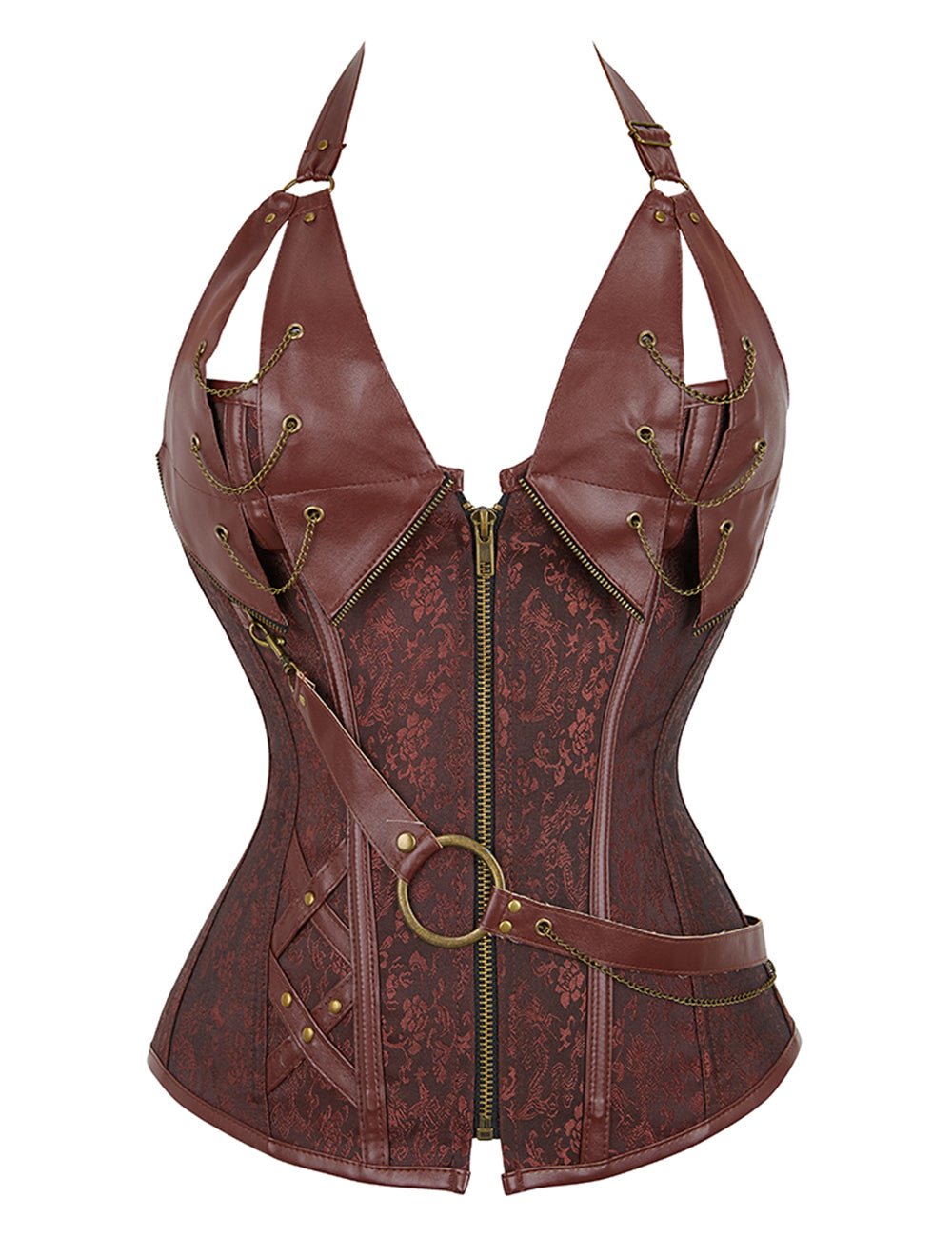 Coffee Faux Leather Halter Bodysuit – Chains, Rivets & 14 Soft Bones - TeaseFashion