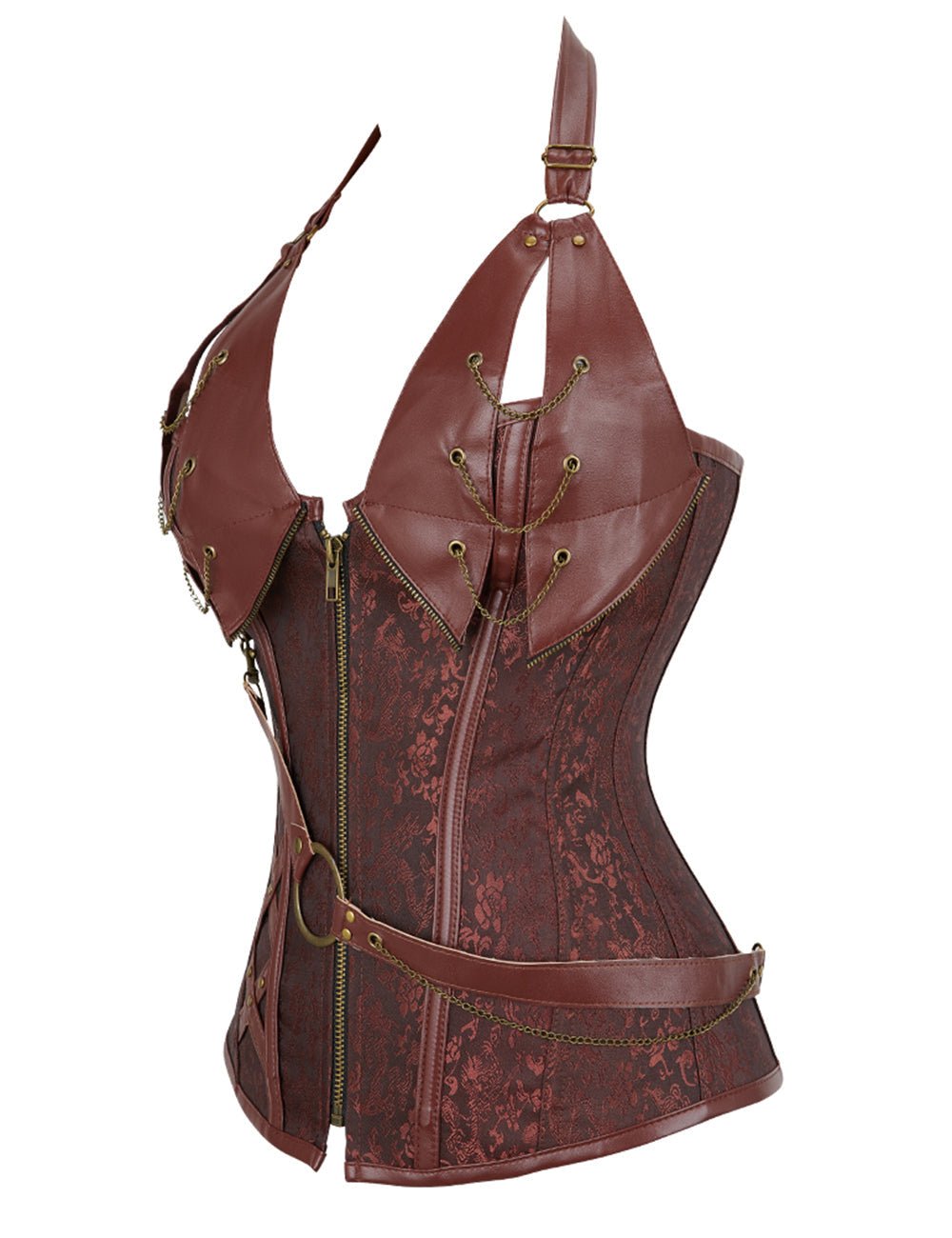 Coffee Faux Leather Halter Bodysuit – Chains, Rivets & 14 Soft Bones - TeaseFashion