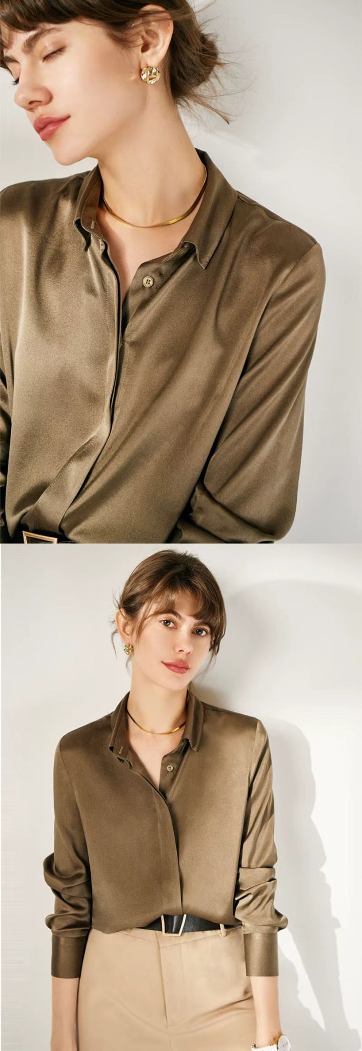 Cognac Brown Silk Lady Casual Shirt - TEASEFASHION