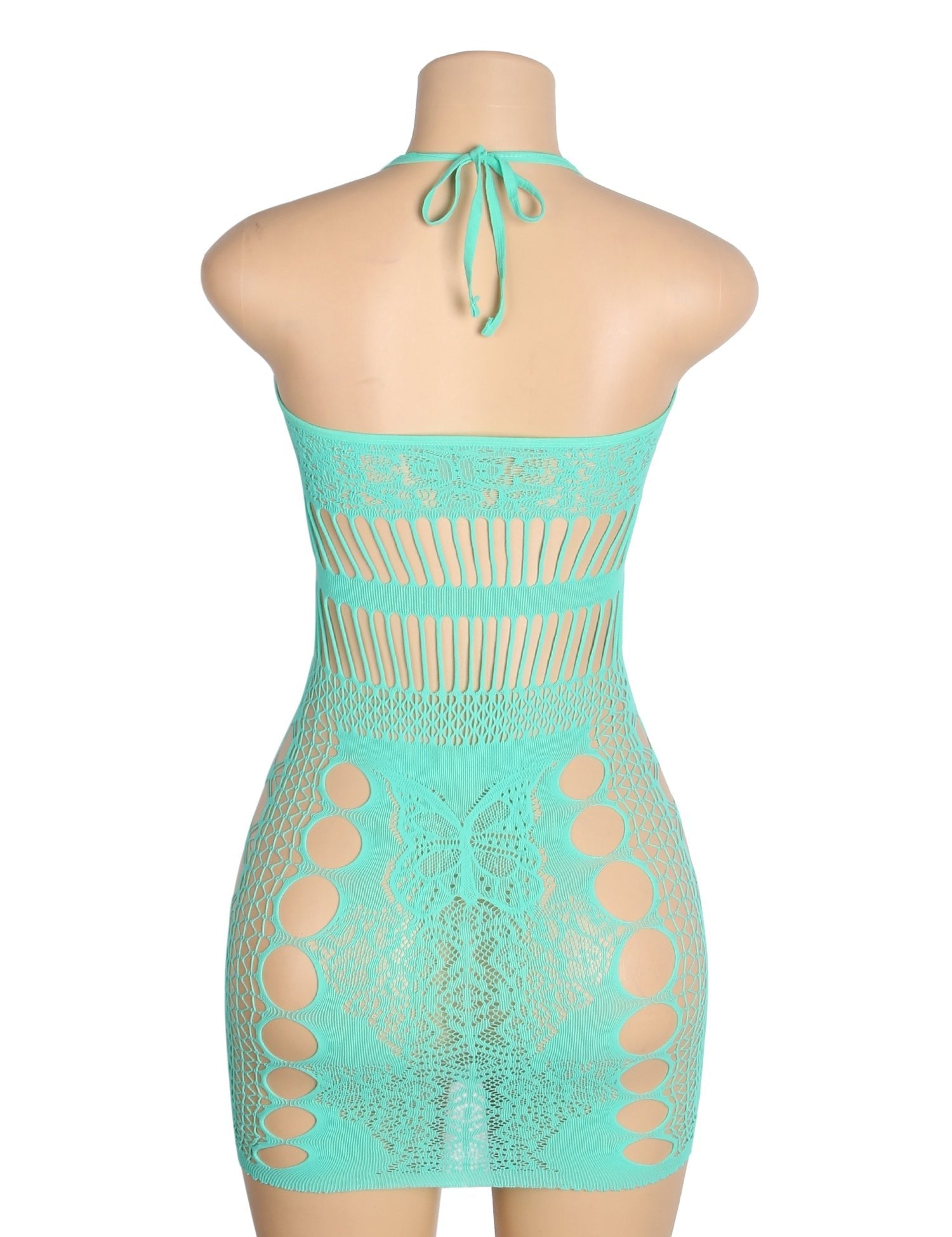 Cyan Sexy Jacquard Hollow Out Halter Bodystocking Dress - TeaseFashion