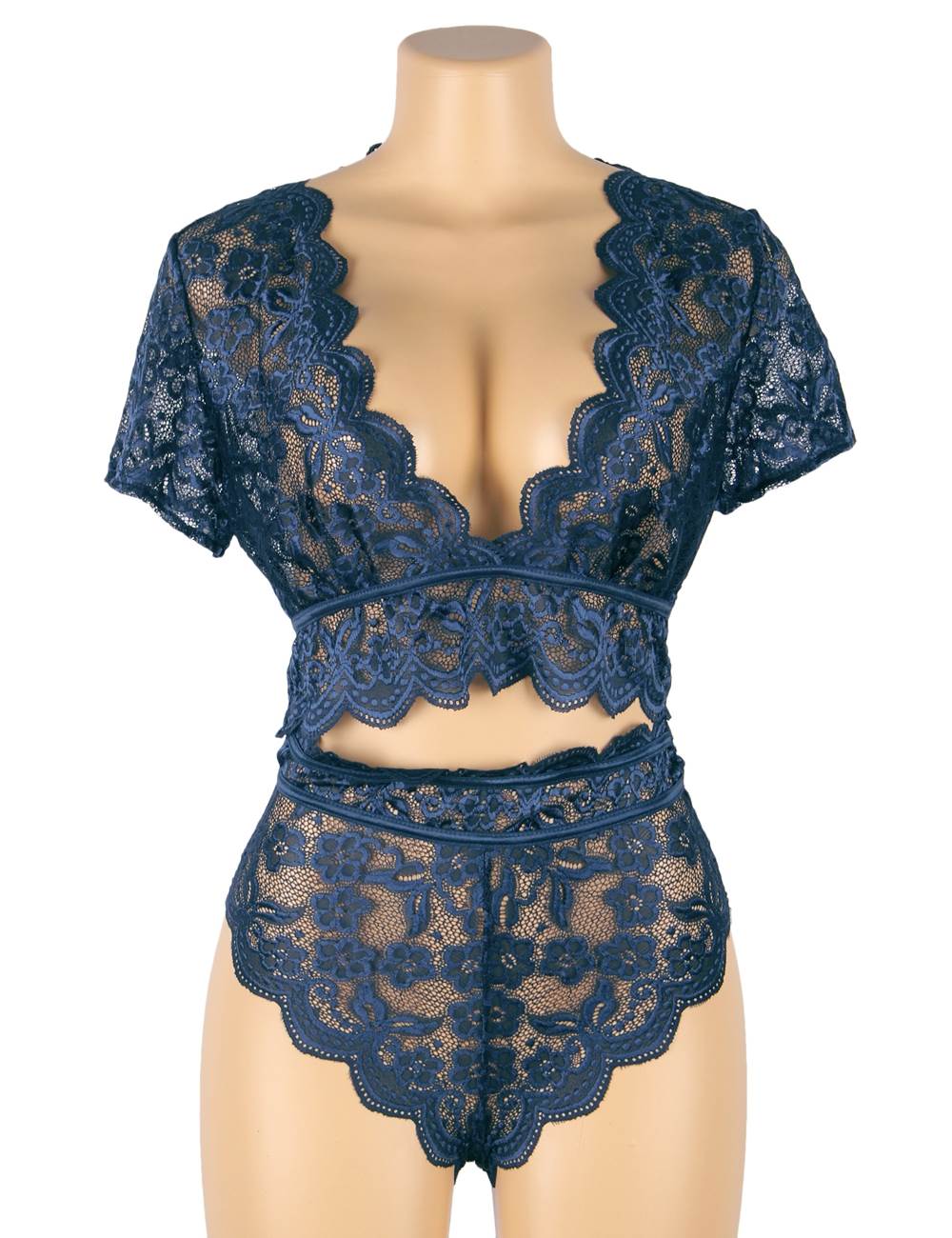Dark Blue Shiny Lace Deep - V Crop Bra & High - Waist Panty Set - TeaseFashion