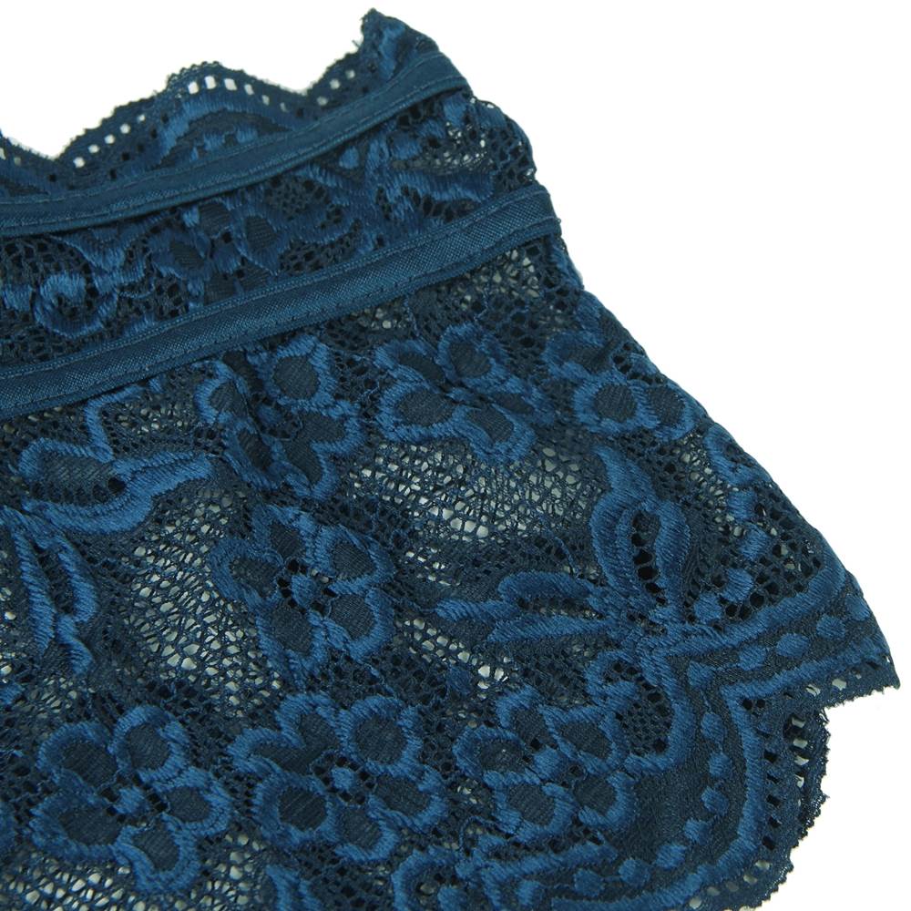 Dark Blue Shiny Lace Deep - V Crop Bra & High - Waist Panty Set - TeaseFashion