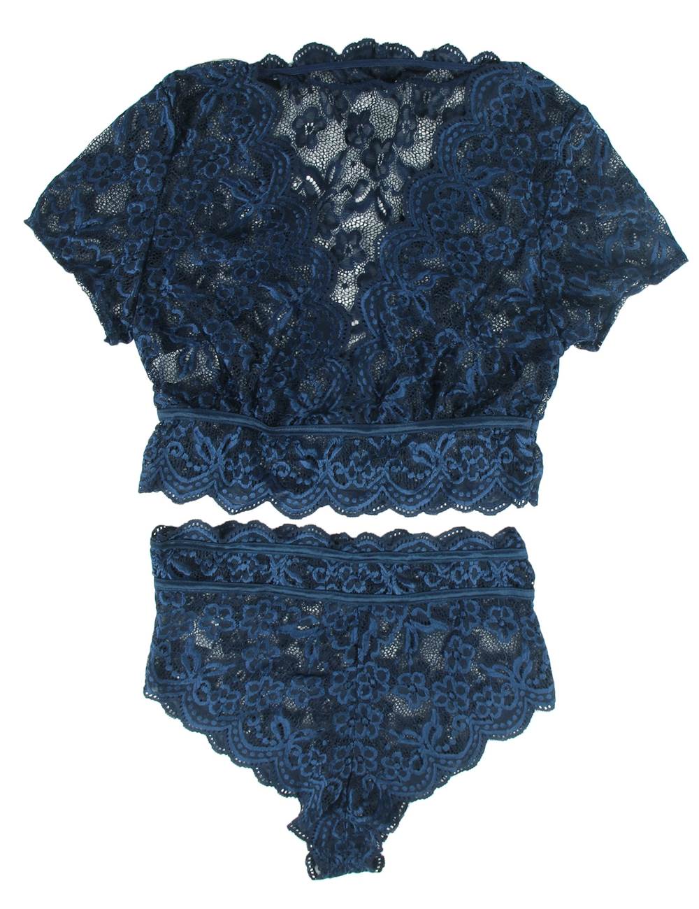 Dark Blue Shiny Lace Deep - V Crop Bra & High - Waist Panty Set - TeaseFashion