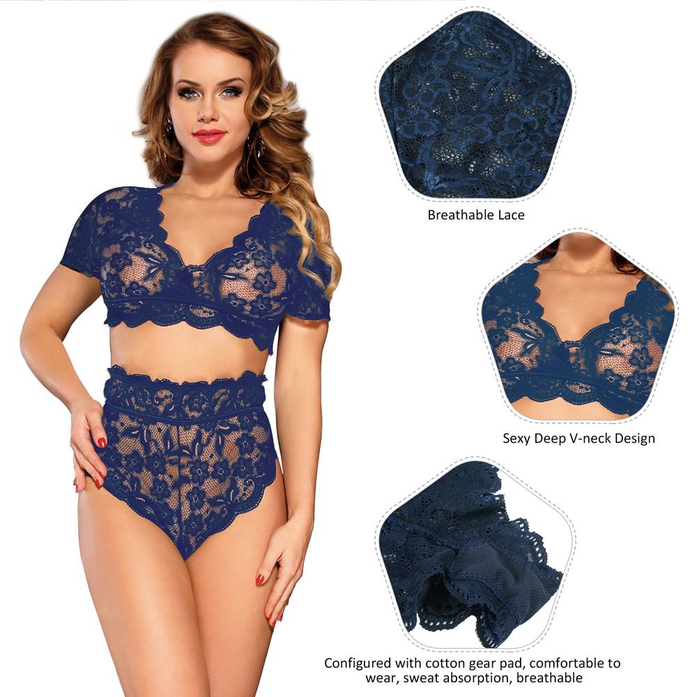 Dark Blue Shiny Lace Deep - V Crop Bra & High - Waist Panty Set - TeaseFashion