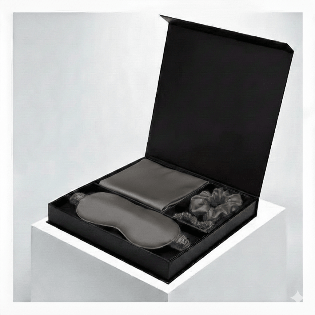 Dark Grey Luxury 100% Mulberry Silk Pillow case Sleep, Eye Mask Blind and Scrunchies Gift Set - TeaseFashion