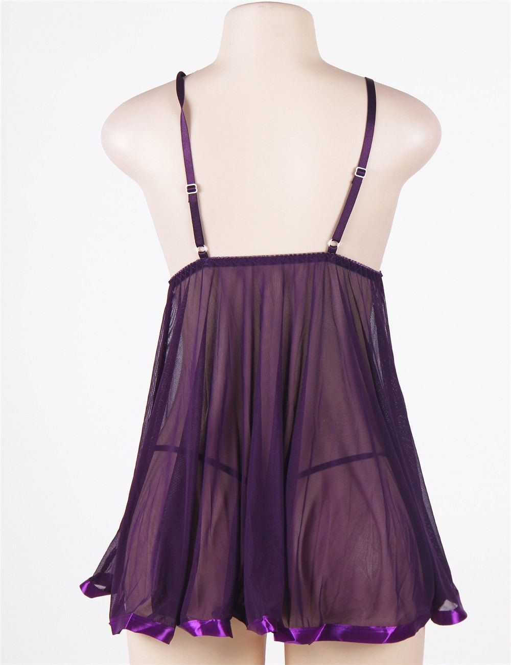Dark Purple Sequin - Embroidered Mesh Babydoll & Thong Set - TeaseFashion