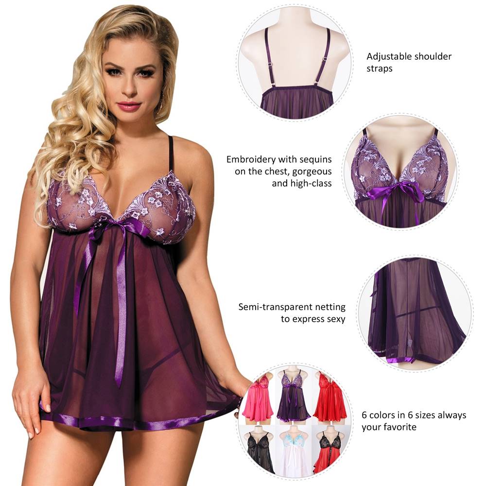 Dark Purple Sequin - Embroidered Mesh Babydoll & Thong Set - TeaseFashion