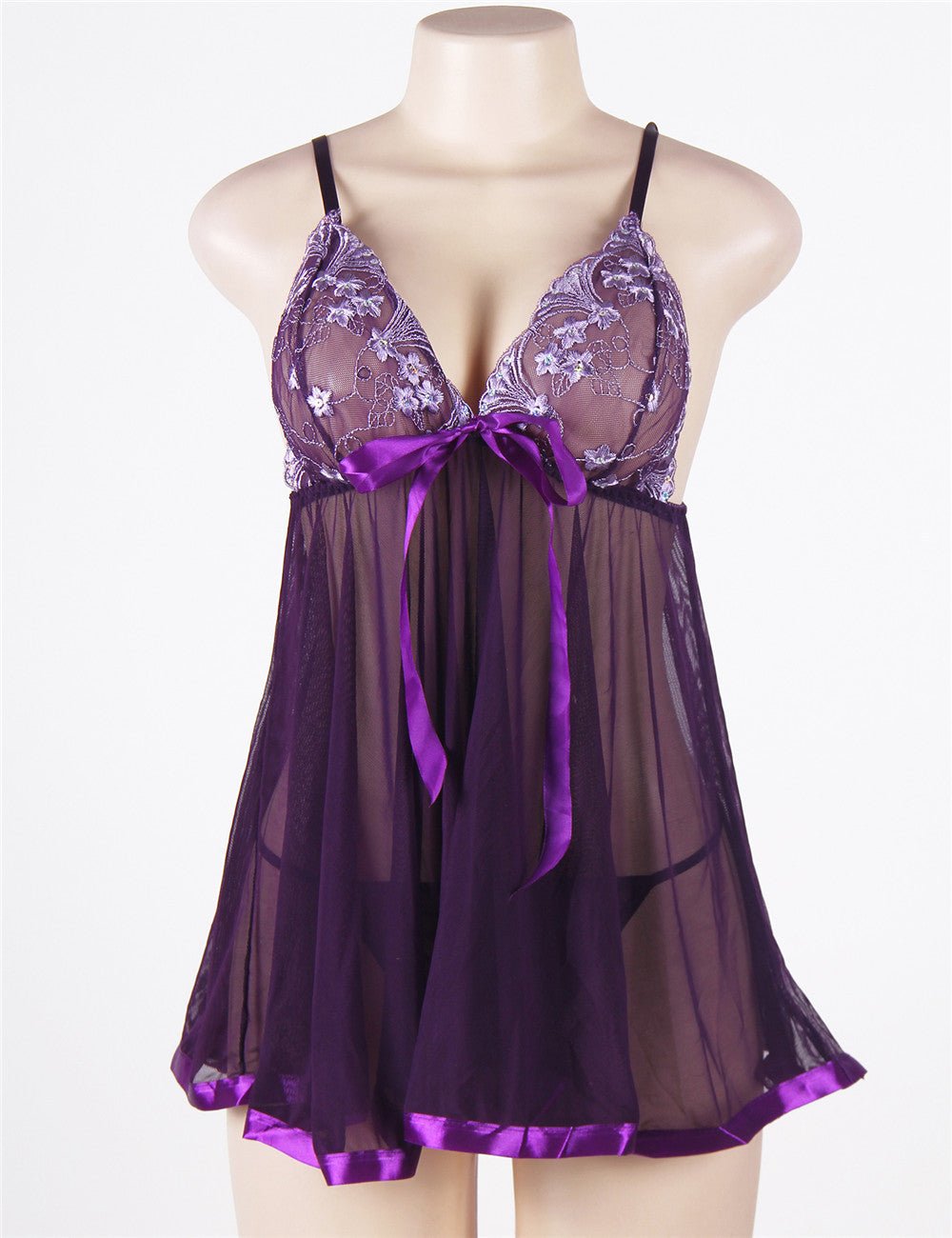 Dark Purple Sequin - Embroidered Mesh Babydoll & Thong Set - TeaseFashion