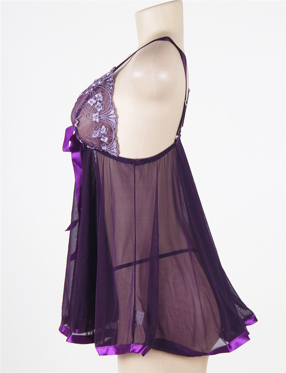 Dark Purple Sequin - Embroidered Mesh Babydoll & Thong Set - TeaseFashion