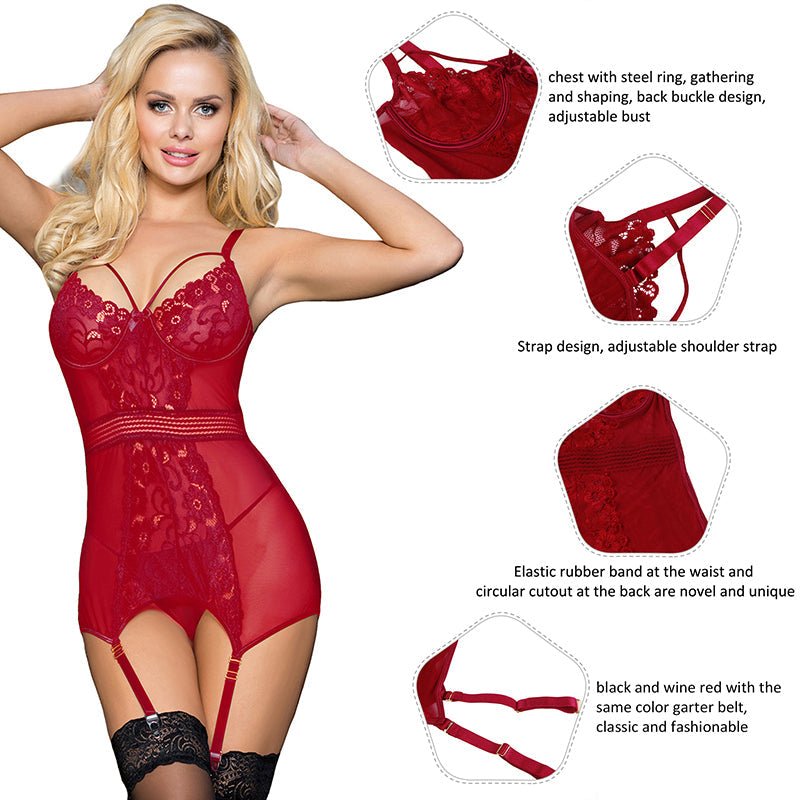 Dark Red Mesh Lace Garter Babydoll Lingerie Set – Steel Ring Cups, Circular Hollow - Out Back, Elastic Waist, Suspenders & Thong Included - TeaseFashion
