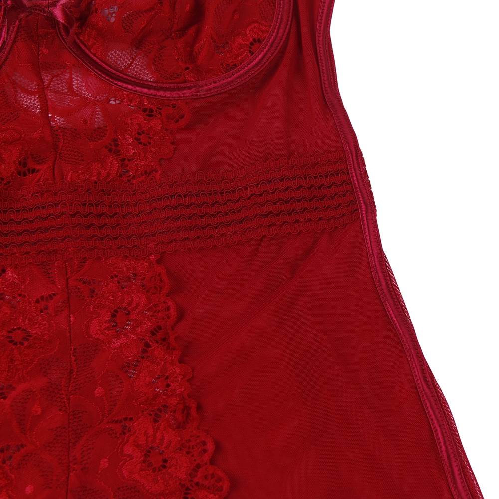 Dark Red Mesh Lace Garter Babydoll Lingerie Set – Steel Ring Cups, Circular Hollow - Out Back, Elastic Waist, Suspenders & Thong Included - TeaseFashion