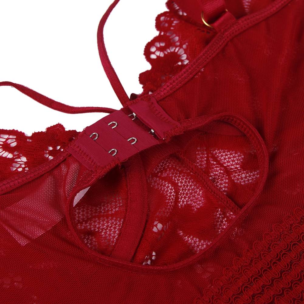 Dark Red Mesh Lace Garter Babydoll Lingerie Set – Steel Ring Cups, Circular Hollow - Out Back, Elastic Waist, Suspenders & Thong Included - TeaseFashion