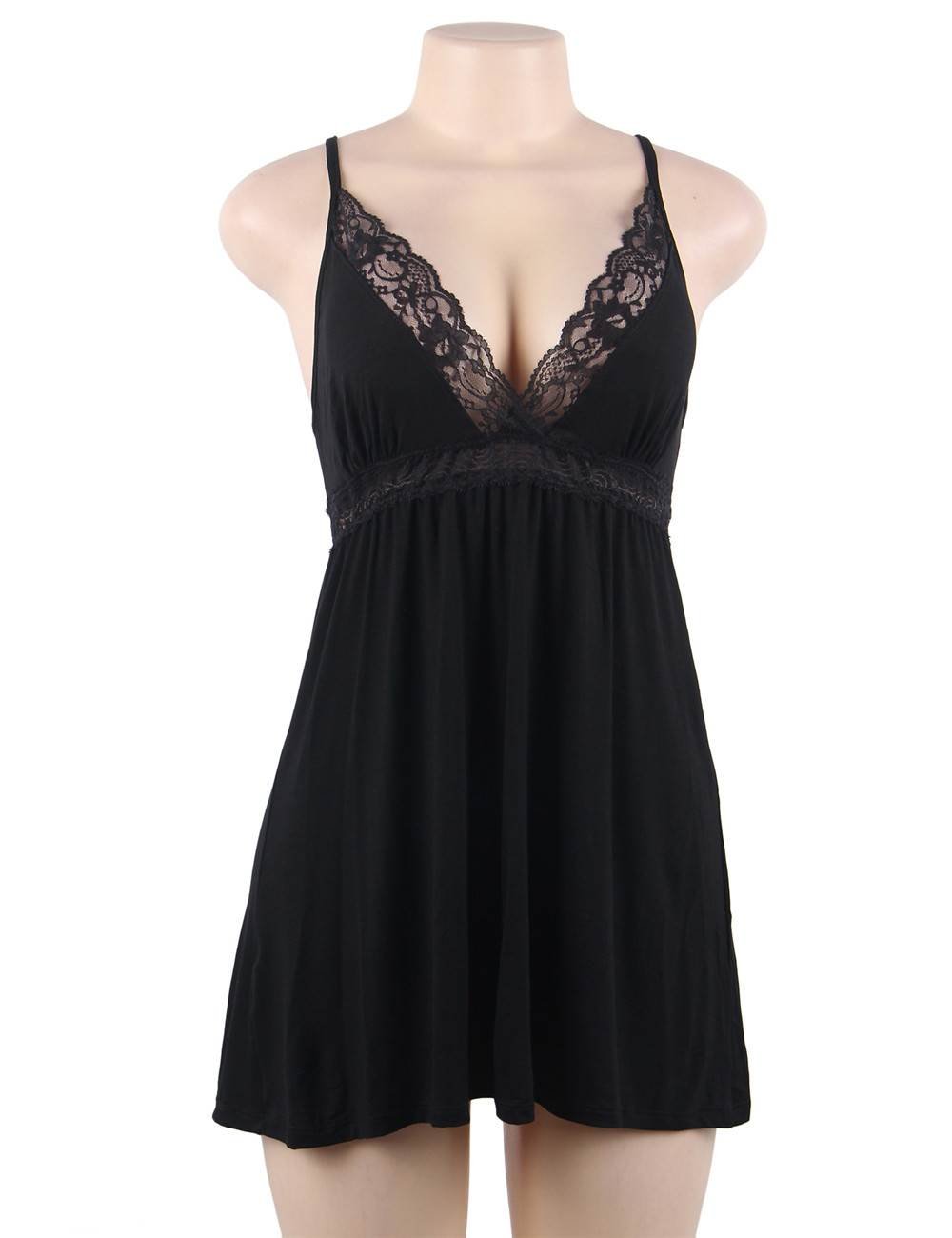 Deep V - Neck Lace - Trim Modal Nightdress & G - String Set - TeaseFashion