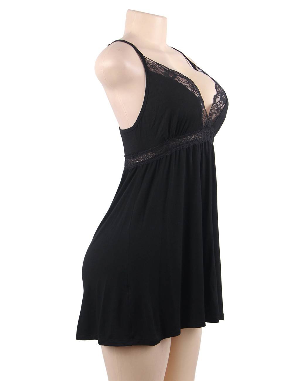 Deep V - Neck Lace - Trim Modal Nightdress & G - String Set - TeaseFashion