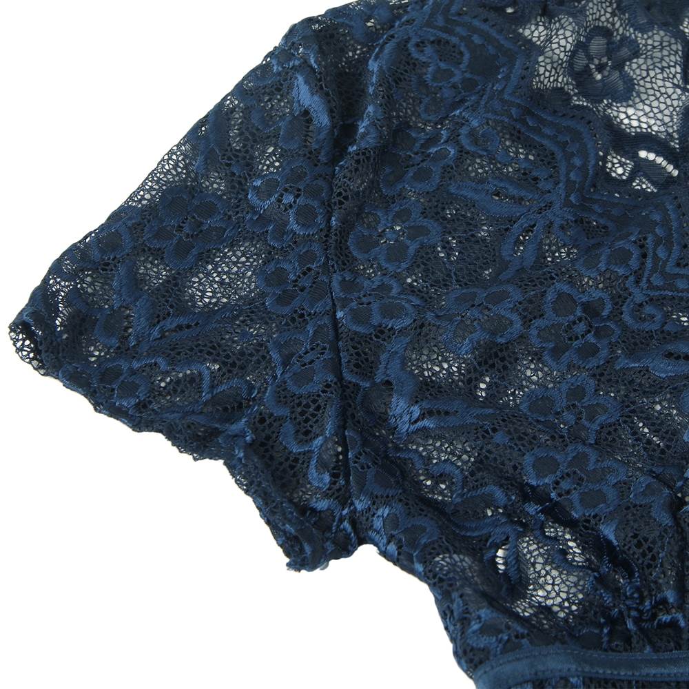 Denim Blue Glossy Lace Bra & High - Waist Panty Set – Deep V - Neck Crop Top - TeaseFashion
