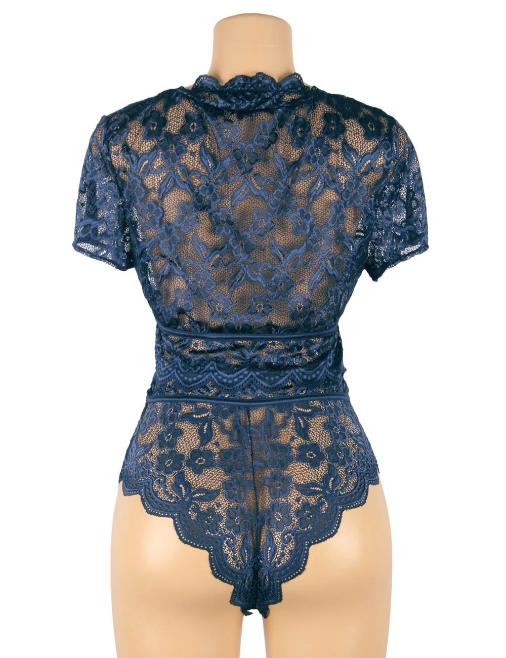 Denim Blue Glossy Lace Bra & High - Waist Panty Set – Deep V - Neck Crop Top - TeaseFashion